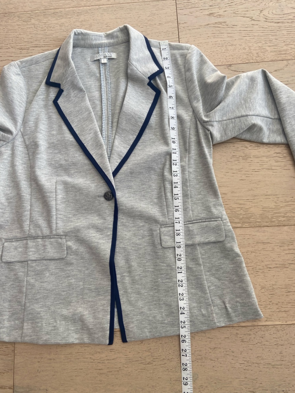 Grey Knit Blazer Large Stretch Jacket Navy Trim Lightweight Preppy EUC - Picture 10 of 11